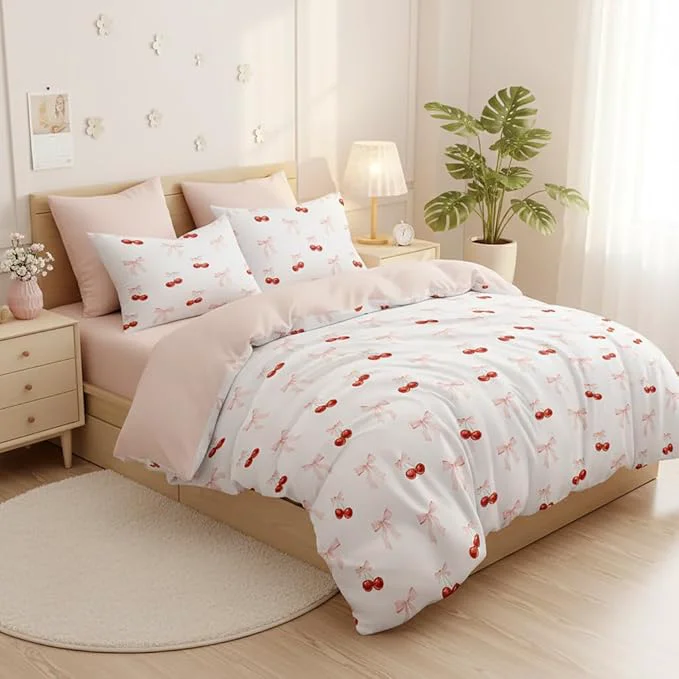 Professional Nayoroom Pink Bow Comforter Set Queen Size Reversible Red Cherry Comforter 3 Pieces Soft Lightweight Kids Girls Cute Aesthetic Dorm Original Design