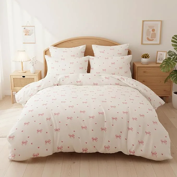 Efficient Nayoroom Pink Bow Comforter Set Queen Size Coquette Pink Heart Comforter 3 Pieces Soft Lightweight Kids Girls Cute Aesthetic Dorm Bedding Set for All Seasons Reusable