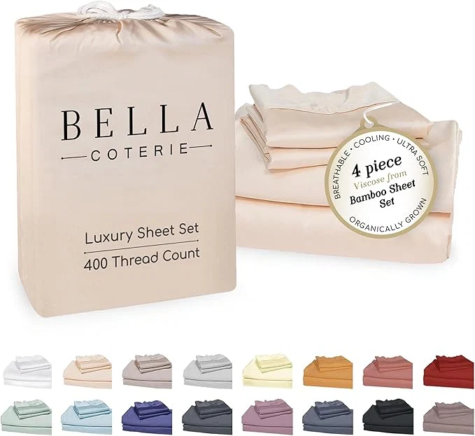 Clean Bella Coterie Luxury Bamboo Viscose King Size Sheet Set Organically Grown Ultra Soft Cooling for Hot Sleepers 18 quot Deep Pocket Champagne Premium