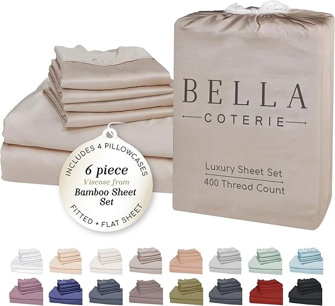 Powerful Bella Coterie 6 Piece Luxury Bamboo Viscose California King Size Sheet Set Organically Grown Cooling for Hot Sleepers 18 quot Deep Pocket Soft amp Hypoallergenic 4 Pillowcases Dune Proven