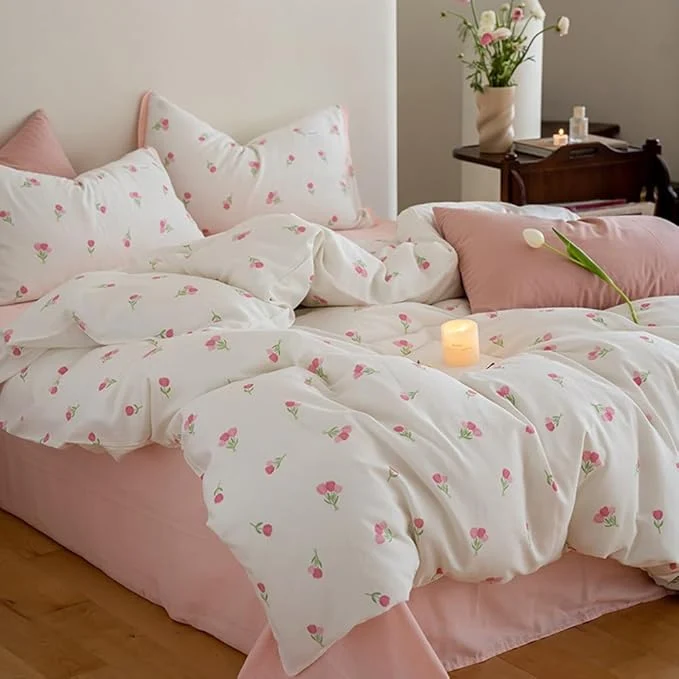 Fine Nayoroom Pink Floral Comforter Set Queen Size Coquette Tulip Printed on White Comforter 3 Pcs Kids Girls Soft Lightweight Cute Bedding Set for All Seasons 1 Comforter 2 Pillow Shams Trendy