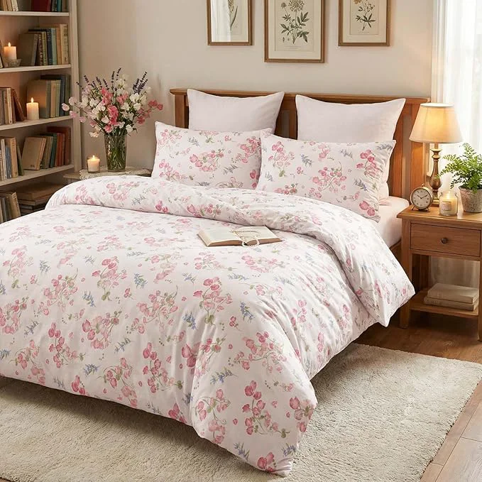 Sustainable Nayoroom Pink Floral Comforter Set Queen Size Spring Botanical Blooms Flower Comforter 3 Pieces Soft Lightweight Aesthetic Bedding Set for All Seasons Smooth