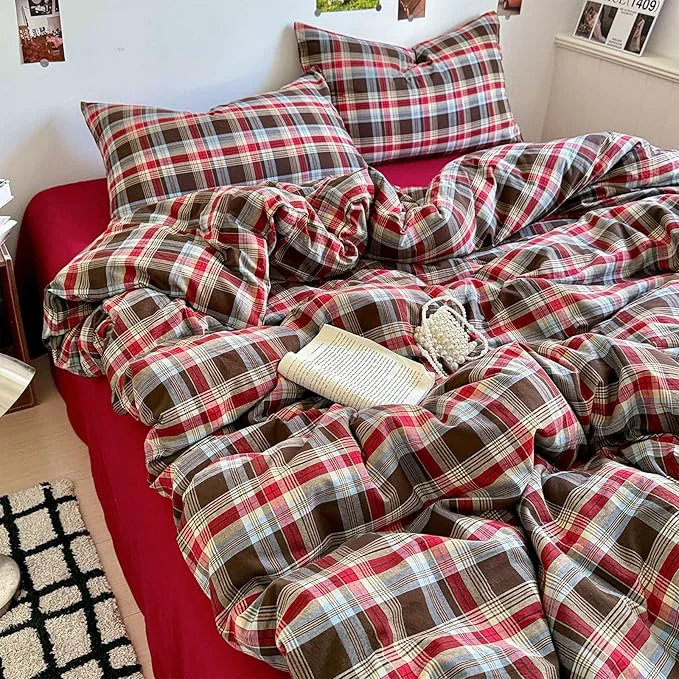Breathable EAVD Vintage Style Red amp Brown Buffalo Plaid Comforter Set Full Soft Washed Cotton Chic Grid Checkered Ginham Bedding Set with 2 Pillowcases Farmhouse Geometric Comforter Set for All-Season Enhanced