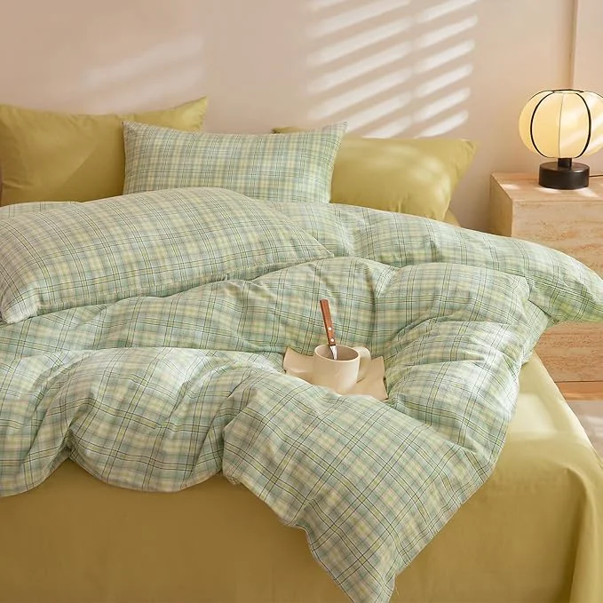 Fashionable EAVD Modern Style Gingham Comforter Set Queen Pink Blue Green Grid Plaid Comforter Set Reversible Farmhouse Gingham Bedding Set with 2 Pillowcases Reversible Grid Checkered Bedding Set for All-Season Reusable