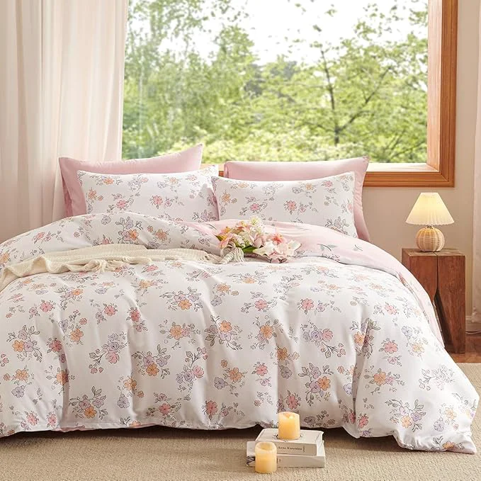 Sustainable Floral Comforter Set Twin Size – 2 Pieces Pink White Floral Comforter Bedding Sets Reversible Pattern Twin Bed in a Bag with Flowers Comforter and 1 Pillowcase Responsible