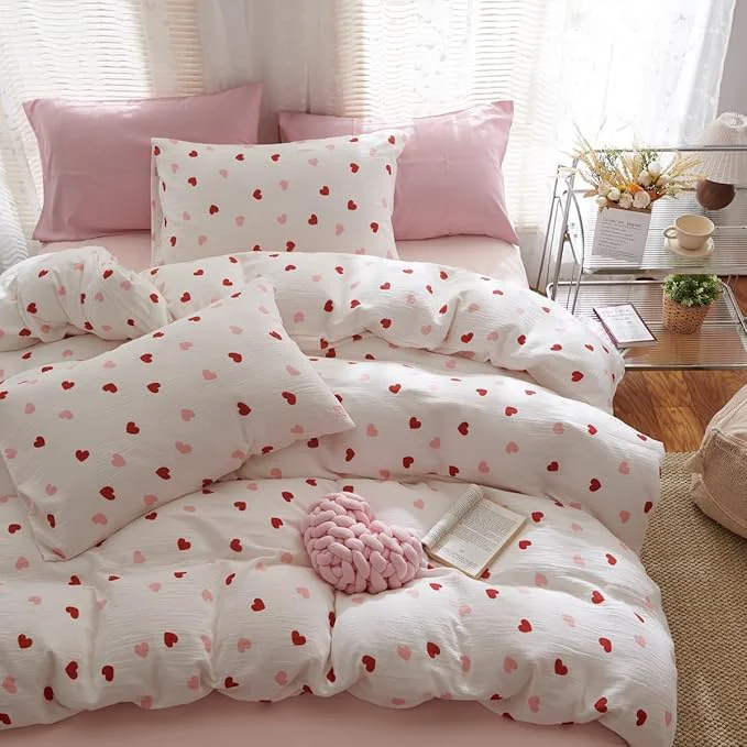 Exclusive Girls Comforter Set Full Size – 3 Pieces Red Pink Heart Comforter Bedding Sets for Kids Full Bed in a Bag with Heart Comforter and 2 Pillowcases High-Quality