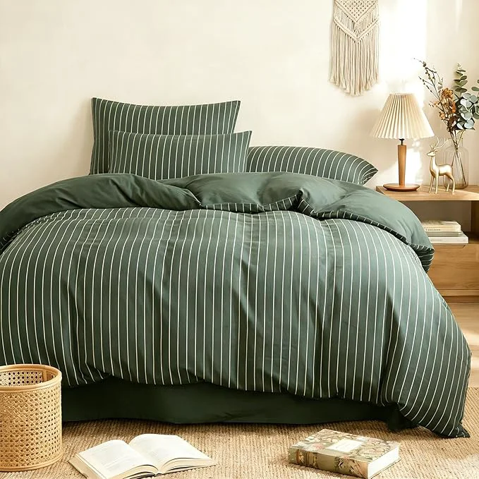 Verified Striped Comforter Set Queen Size – 3 Pieces Green White Striped Comforter Bedding Sets Checkered Pattern Queen Bed in a Bag with Stripes Comforter and 2 Pillowcases Stylish