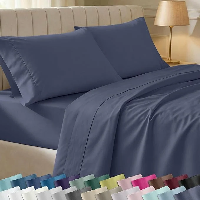 Smart California Design Den 6-Pc Queen Size Sheet Set with 4 Pillowcases – 400 Thread Count Cotton Sheets Sateen Weave Deep Pocket Bedsheets Set – Indigo Dusty Blue Outstanding
