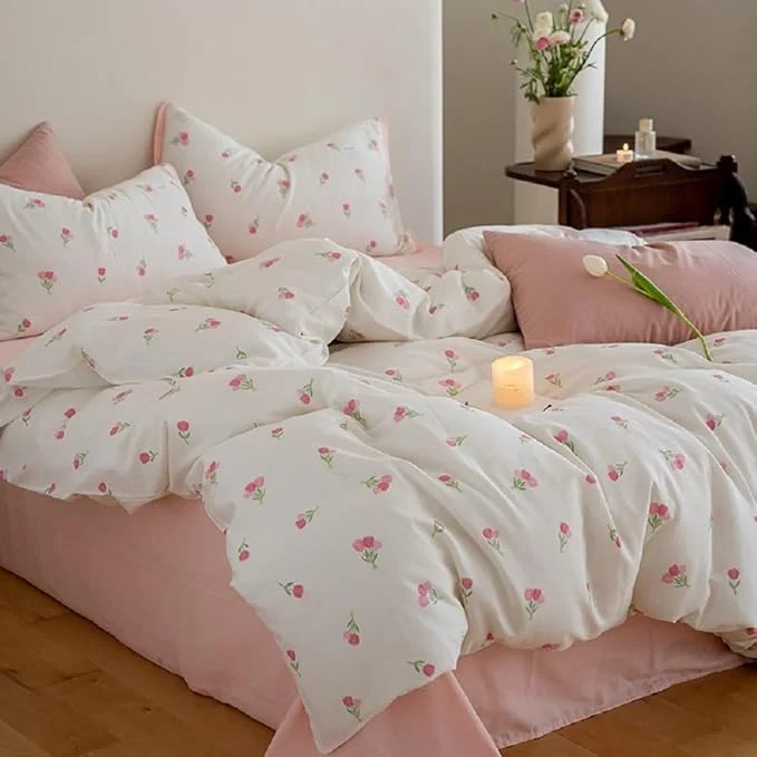 Relaxed Floral Comforter Set Full Size – 3 Pieces Pink White Floral Comforter Bedding Sets Tulips Pattern Full Bed in a Bag with Heart Comforter and 2 Pillowcases Specialty
