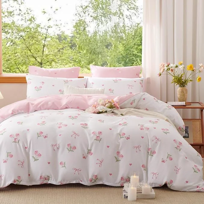 Eco-Friendly Floral Comforter Set Queen Size – 3 Pieces Pink White Floral Tulips Bow Comforter Bedding Sets Reversible Pattern Queen Bed in a Bag with Flowers Comforter and 2 Pillowcases High-Performance
