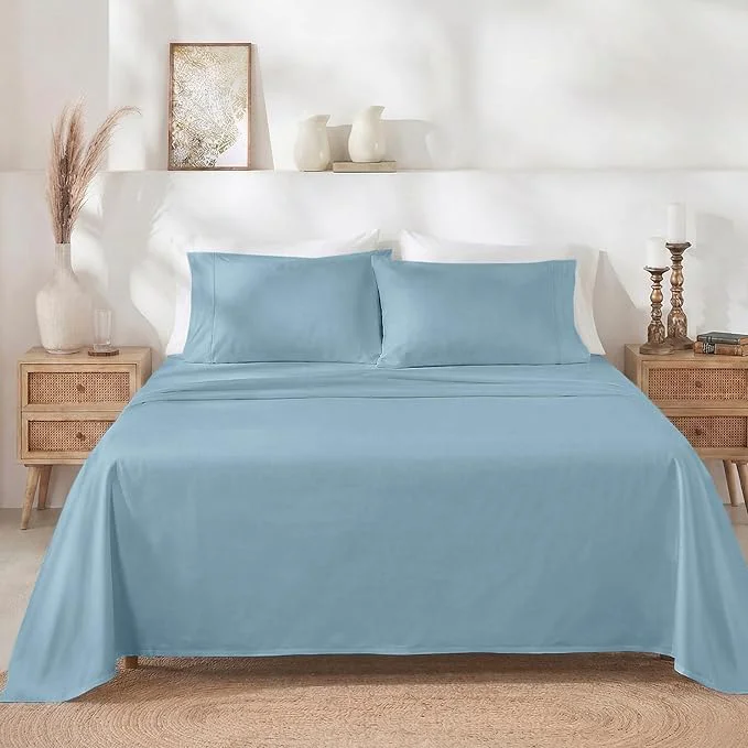 Detailed California Design Den Queen Sheet Set – Soft 400 Thread Count Sateen Natural Cotton Sheets for Queen Size Bed Deep Pockets for a Snug Fit Durable Bedding – Sky Blue Elite