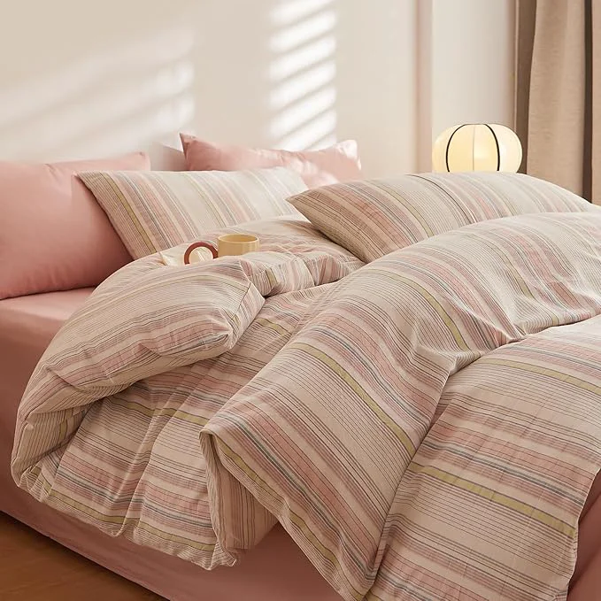 Authentic EAVD Striped Comforter Set Full Multi-Color Striped Bedding Comforter Set 3 Pieces Farmhouse Geometric Bedding Set with 2 Pillowcases for All-Season Soft Fluffy Lightweight Detailed