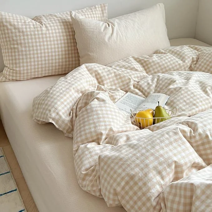 Refined Gingham Comforter Set King Size – 3 Pieces Beige White Gingham Comforter Bedding Sets Checkered Pattern Kingsize Bed in a Bag with Plaid Comforter and 2 Pillowcases Artisan