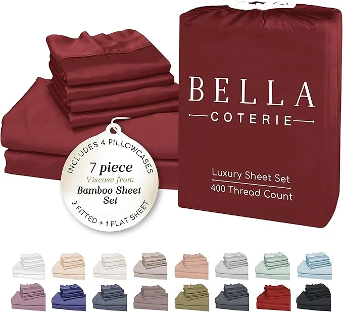Traditional Bella Coterie 7 Piece Luxury Bamboo Viscose Split King Size Sheet Set 2 Fitted Sheets for Adjustable Beds Organically Grown Cooling for Hot Sleepers 4 Pillowcases Merlot Flexible