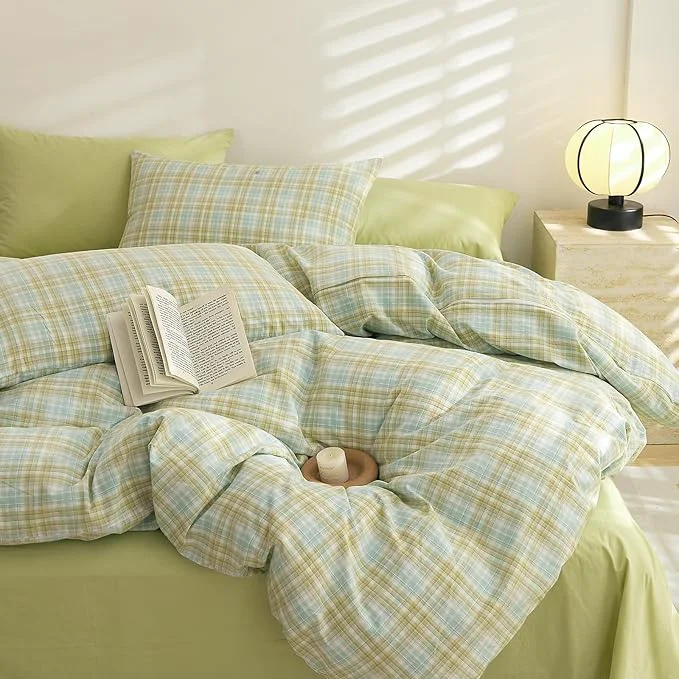 Detailed EAVD Vintage Style Yellow amp Green Plaid Comforter Set Queen Soft Washed Cotton Grid Checkered Comforter Set Retro Gingham Bedding Set with 2 Pillowcases Farmhouse Gingham Comforter Set for All-Season Durable