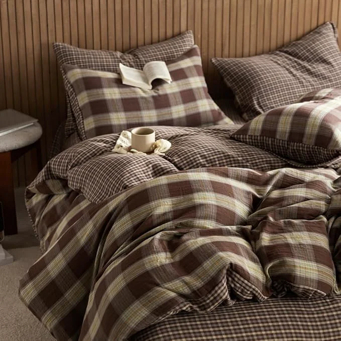 Responsible EAVD Vintage Coffee Gingham Comforter Set Twin XL Soft Muslin Cotton Chic Shabby Yellow Green Grid Checkered Pattern Bedding Set with 2 Pillowcases Reversible Farmhouse Plaid Comforter Set Trendy