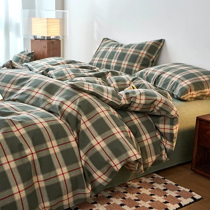 Convenient EAVD Vintage Green Buffalo Plaid Comforter Set Full Soft Washed Cotton Retro Green amp Red Grid Checkered Bedding Set with 2 Pillowcases Farmhouse Gingham Comforter Set for All-Season Effective