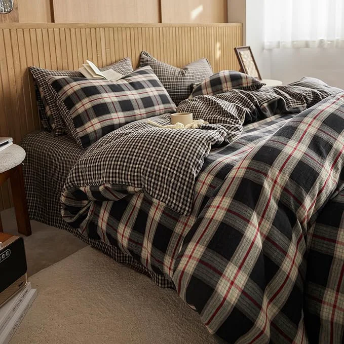 Quality EAVD Vintage Black Gingham Comforter Set Full Soft Muslin Cotton Red Green Grid Checkered Plaid Bedding Set with 2 Pillowcases Farmhouse Reversible Black Plaid Comforter Set for All-Season Stylish