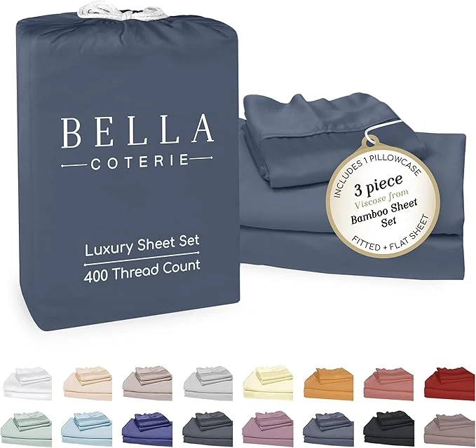 Green Bella Coterie Luxury Bamboo Viscose Twin Size Sheet Set Organically Grown Ultra Soft Cooling for Hot Sleepers 18 quot Deep Pocket Slate Blue World-Class