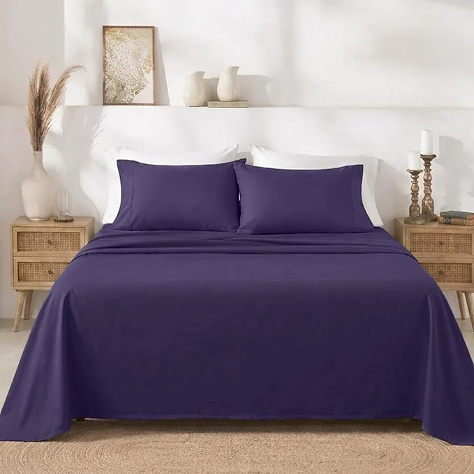 Refined California Design Den Natural Cotton Sheets Soft Queen Sheet Set 400 Thread Count Sateen Deep Pockets with All-Around Elastic for a Snug Fit Durable Bedding Set – Dark Purple Excellent