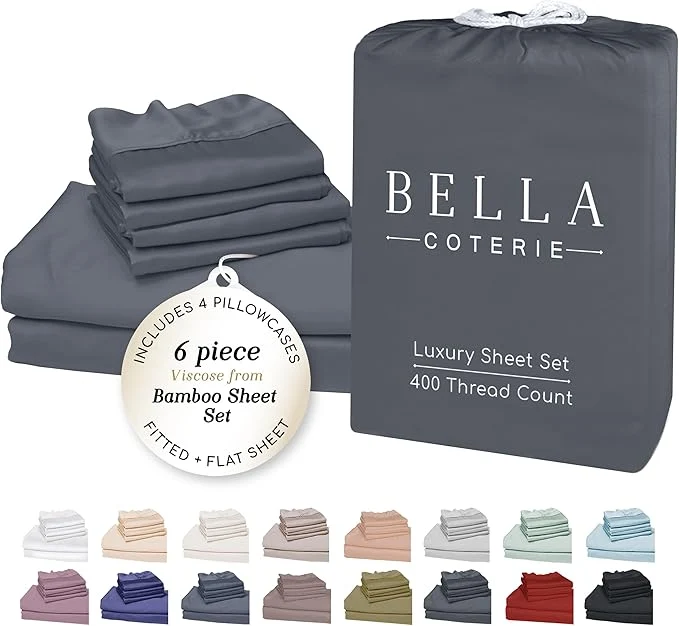 Functional Bella Coterie 6 Piece Luxury Bamboo Viscose Queen Size Sheet Set Organically Grown Cooling for Hot Sleepers 18 quot Deep Pocket Soft amp Hypoallergenic 4 Pillowcases Charcoal Grey Elegant