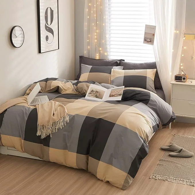 Next-Generation EAVD Twin XL Comforter Set Boys Beige Khaki Black Grid Plaid Comforter Set Soft Microfiber Modern Checkered Bedding Set with 2 Pillowcases Reversible Geometric Comforter Set for All-Season Long-Lasting