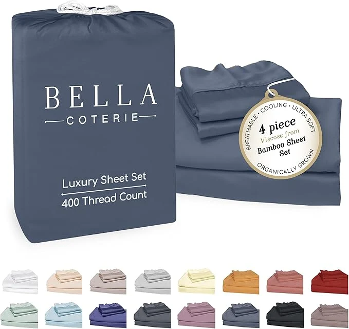 Smooth Bella Coterie Luxury Bamboo Viscose King Size Sheet Set Organically Grown Ultra Soft Cooling for Hot Sleepers 18 quot Deep Pocket Slate Blue Sustainable