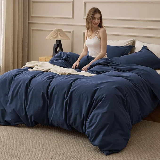 Comfortable Bedsure Washed Cotton Duvet Cover Queen Size – Navy Minimalist Bedding Set Linen Like – PureWoven Plain Simple amp Soft Comforter Cover for All Seasons Navy Queen 90 quot x90 quot Elite
