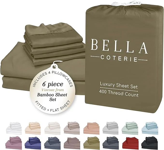 Bella Coterie 6 Piece Luxury Bamboo Viscose California King Size Sheet Set Organically Grown Cooling for Hot Sleepers 18 quot Deep Pocket Soft amp Hypoallergenic 4 Pillowcases Olive Healthy