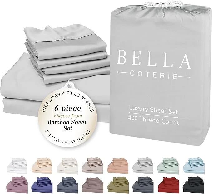 Minimalist Bella Coterie 6 Piece Luxury Bamboo Viscose California King Size Sheet Set Organically Grown Cooling for Hot Sleepers 18 quot Deep Pocket Soft amp Hypoallergenic 4 Pillowcases Grey Mist Durable