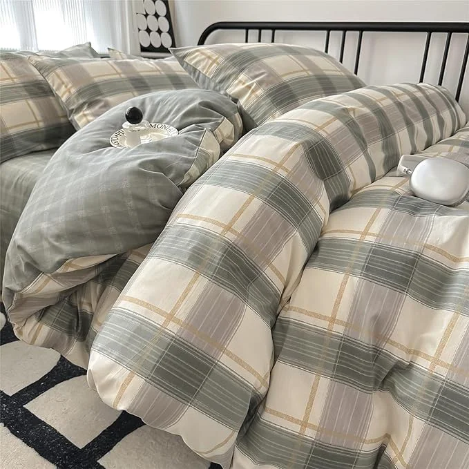 High-Grade EAVD Green Gingham Comforter Set King 3 Pieces Grid Plaid Comforter Set Modern Simple Grid Checkered Bedding Set with 2 Pillowcases Reversible Gingham Bedding Set for Boys Women Men Luxury