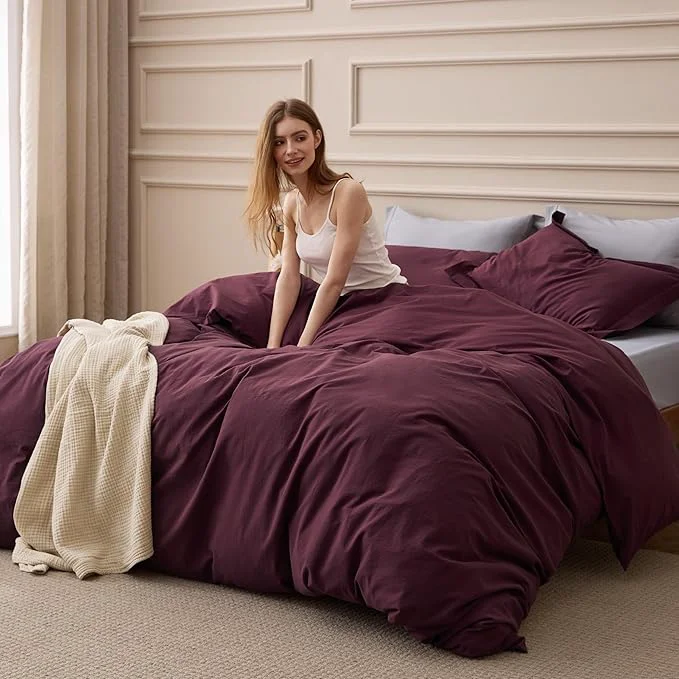 Specialty Bedsure Washed Cotton Duvet Cover King Size – Burgundy Minimalist Bedding Set Linen Like – PureWoven Plain Simple amp Soft Comforter Cover for All Seasons Burgundy King 104 quot x90 quot Original Design