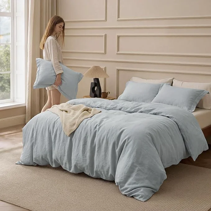 Crafted Bedsure Washed Cotton Duvet Cover Queen Size – Pastel Blue Minimalist Bedding Set Linen Like – PureWoven Plain Simple amp Soft Comforter Cover for All Seasons Pastel Blue Queen 90 quot x90 quot Elegant