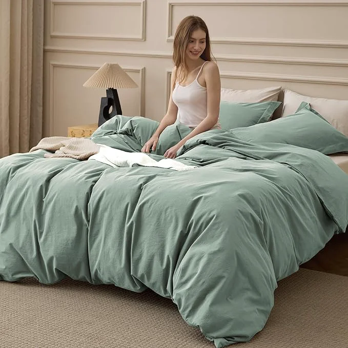 Easy-to-Use Bedsure Washed Cotton Duvet Cover Queen Size – Iceberg Green Minimalist Bedding Set Linen Like – PureWoven Plain Simple amp Soft Comforter Cover for All Seasons Iceberg Green Queen 90 quot x90 quot