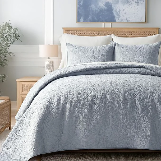Proven EVERGRACE Cotton Paisley Quilt Set Queen Size 3 Piece Set – Prewashed Lightweight Bedspread with 2 Shams Soft amp Breathable Matelasse Coverlet for All-Season Comfort Pearl Blue Specialty