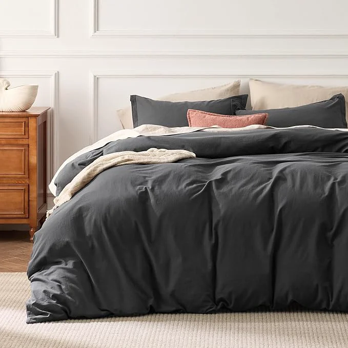 Proven Bedsure Washed Cotton Duvet Cover Queen Size – Charcoal Minimalist Bedding Set Linen Like – PureWoven Plain Simple amp Soft Comforter Cover for All Seasons Charcoal Queen 90 quot x90 quot Traditional