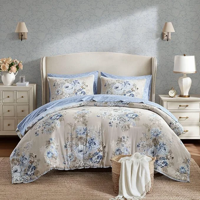 Versatile Madison Park Essentials Floral Comforter Set Twin XL Size Vintage Flower Bedding Set with Sheet Set 5 Pieces Bed in a Bag Reversible Botanical Comforter Pillowcases amp Shams Heather Beige Blue High-Grade