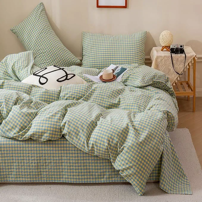 Certified HighBuy Green Gingham King Comforter Set Blue Grid Plaid Bedding Comforter Set Fluffy Lightweight Soft Modern Checkered Pattern Comforter Set for All Season Gingham Grid Bedding Set 3 Pieces