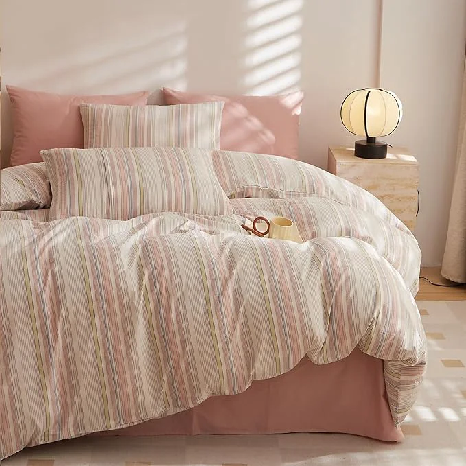 Stylish HighBuy King Comforter Set Fluffy White and Pink Striped Bedding Stripes Comforter Set Modern Chic Geometric Comforter with 2 Pillow Shams Stripe Bedding Comforter for Boys Girls All Season Minimalist