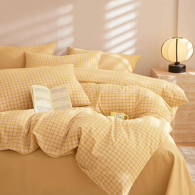 Original Design EAVD Vintage Style Yellow Gingham Comforter Set Full Soft Washed Cotton Chic Grid Checkered Plaid Bedding Set with 2 Pillowcases Reversible Farmhouse Gingham Bedding Set for All-Season Proven