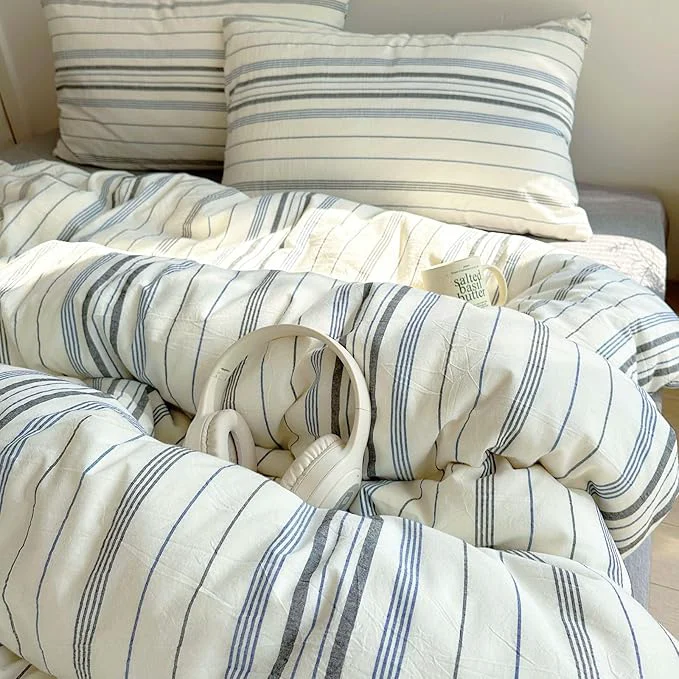 Premium Material EAVD Retro Blue amp Grey Striped Comforter Set Full Soft Cotton 3-Piece Vintage Bedding Set with 2 Pillowcases Boho Vertical Stripes Geometric Comforter Set for All-Season Breathable Lightweight Optimized