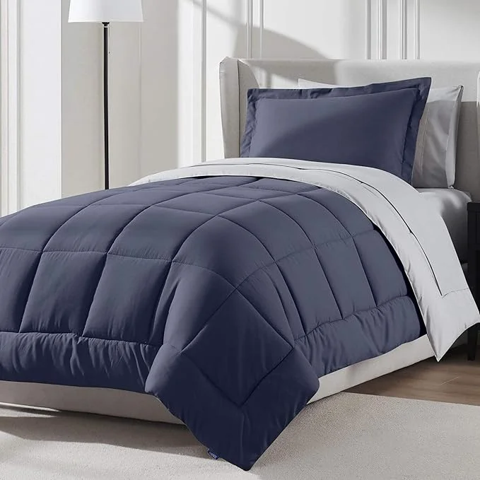 Reusable Nestl 5 Piece Twin Comforter Set – Navy Reversible Bed in a Bag – Complete Twin Size Bedding Set with Sheets Pillowcase and Sham Casual