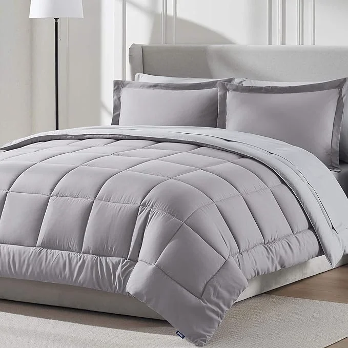 Eco-Friendly Nestl 7 Piece California King Comforter Set – Grey Lavender Reversible Bed in a Bag – Complete Cal King Size Bedding Set with Sheets Pillowcases and Shams Superior