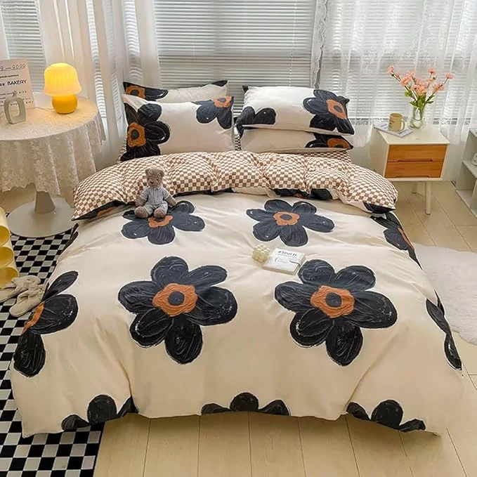 Contemporary Houseri Black Floral Comforter Set Queen 3D Sunflower Beige White and Black Kawaii Bedding Comforter Queen Size Women Teen Girls Dorm Bedding Soft Flowers Bed Comforter Black Brown Plaid Quilts Queen Expertly Made