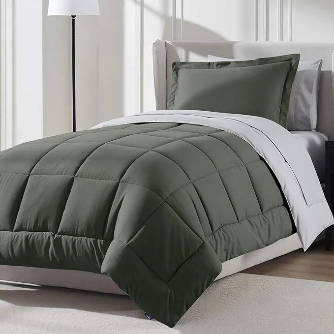 Superior Nestl 5 Piece Twin XL Comforter Set – Olive Green Reversible Bed in a Bag – Complete Twin XL Size Bedding Set with Sheets Pillowcase and Sham High-Performance