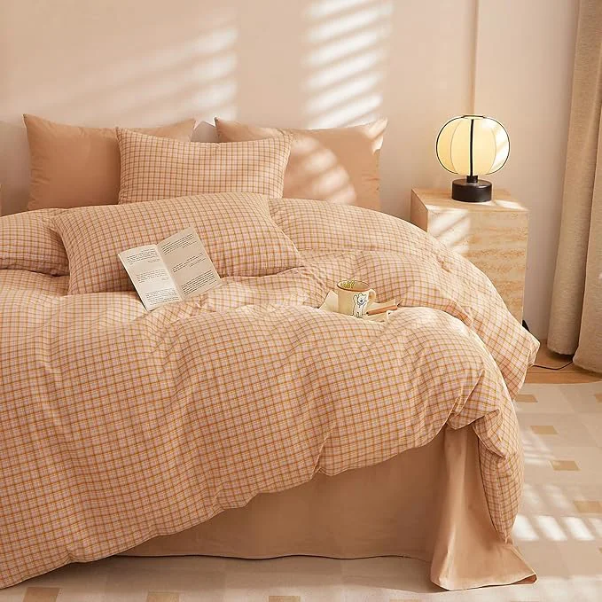 Fast HighBuy Orange Gingham Comforter Set Queen Size Boho Plaid Checkered Pattern Comforter Geometric Grid Printed Bedding Comforter Set with 2 Pillowcases Fluffy Soft Gingham Bedding Set Original