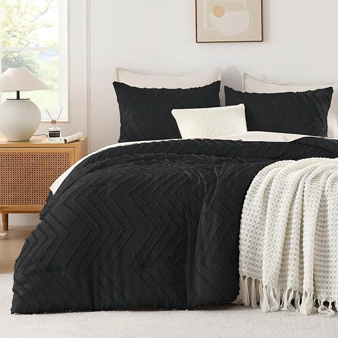 Certified Andency Black Comforter Queen Boho Soft Fluffy Warm Lightweight Bedding Comforter Sets for Queen Bed 3 Pieces Chevron Tufted Aesthetic Microfiber Lightweight Comforter Set Innovative