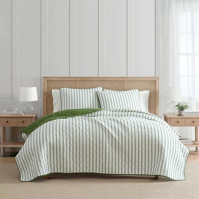 Prestigious Martha Stewart – Queen Quilt Set Soft amp Breathable Bedding with a Lightweight Feel for Year Round Comfort 3 Piece Bed Set with Matching Pillowcases Ticking Stripe Green Comfortable