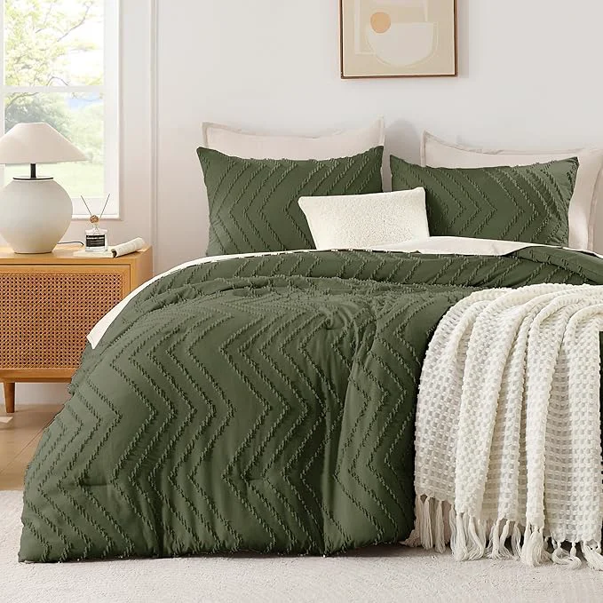 Traditional Andency Olive Green Oversized Super King Plus Comforter Set 128×120 Extra Large King Size Comforter Oversize Boho Soft Warm Bedding Comforter Sets 3 Pieces Aesthetic Chevron Textured Bedding Recyclable