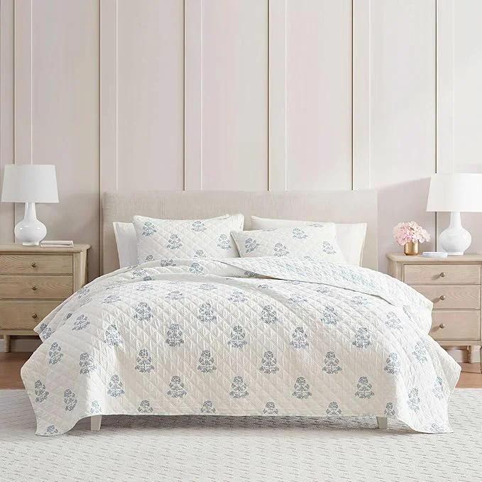 Superior Martha Stewart – Queen Quilt Set Cotton Reversible Bedding Set Incredibly Soft Feel for Year Round Comfort 3 Piece Bed Set with Matching Pillowcases Flower Block Print Blue Breathable